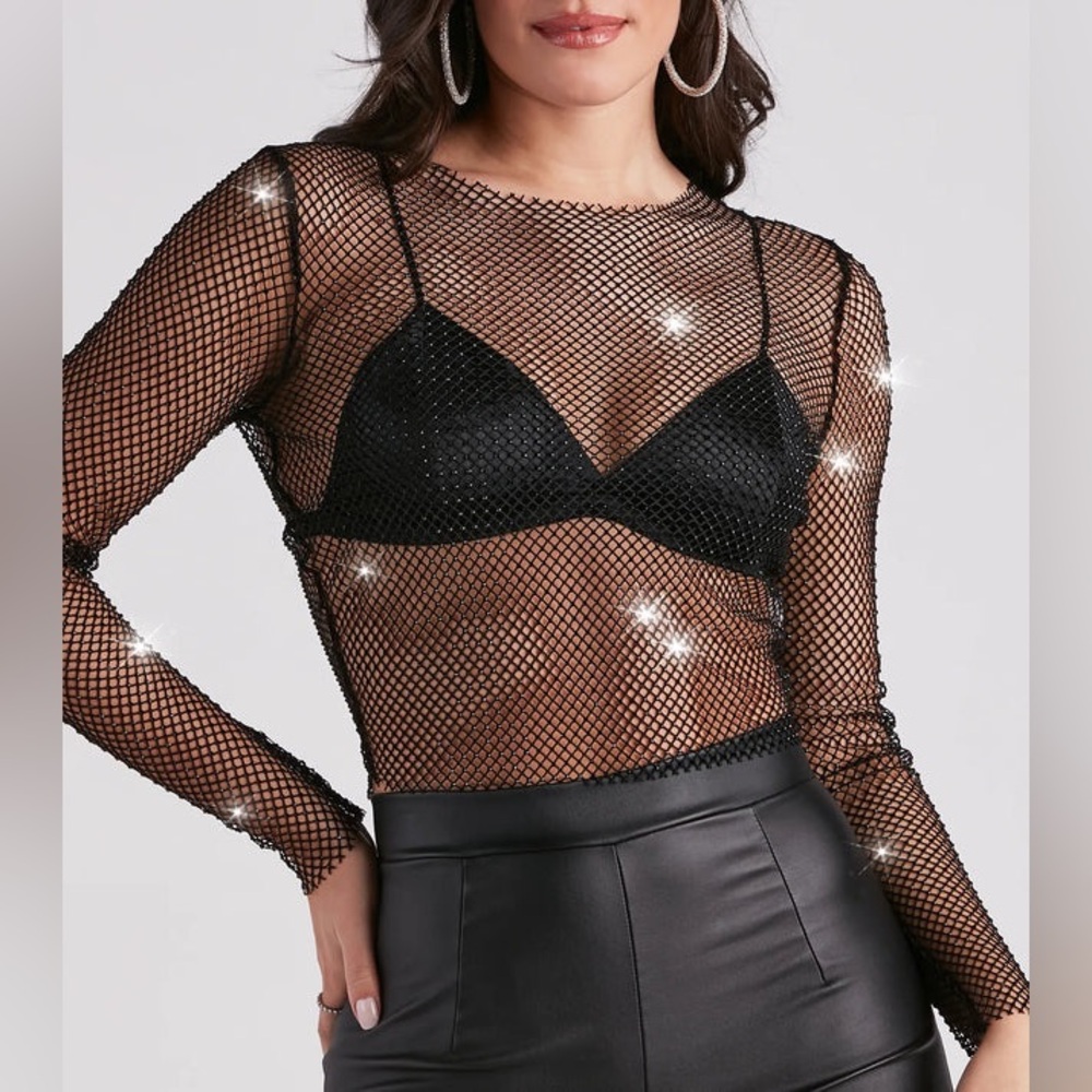 WINDSOR NWT Black Edgy Glam Girl Rhinestone Fishnet Top - M